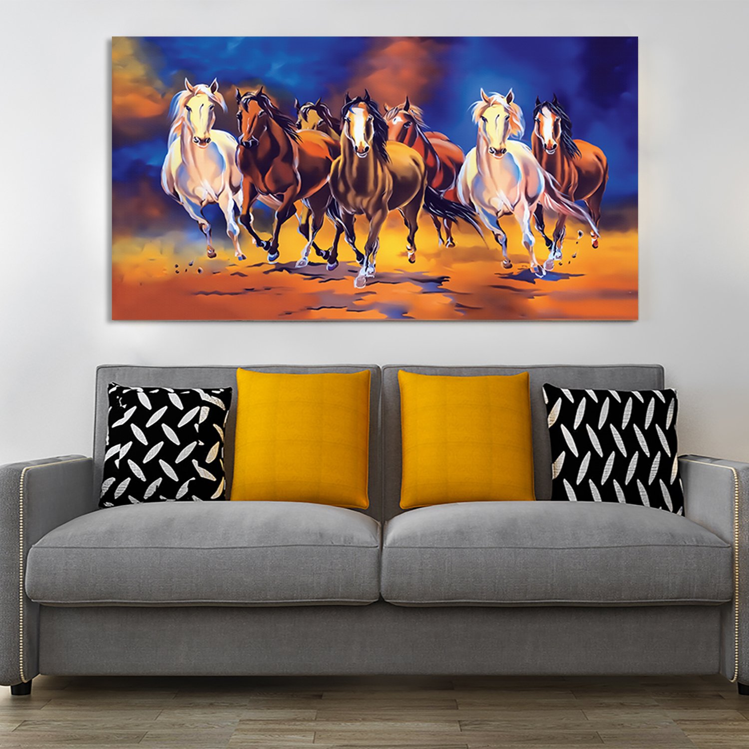 Canvas Wall Art,PAINTINGS,Colorful Seven Horse Running Premium Canvas Wall Painting
